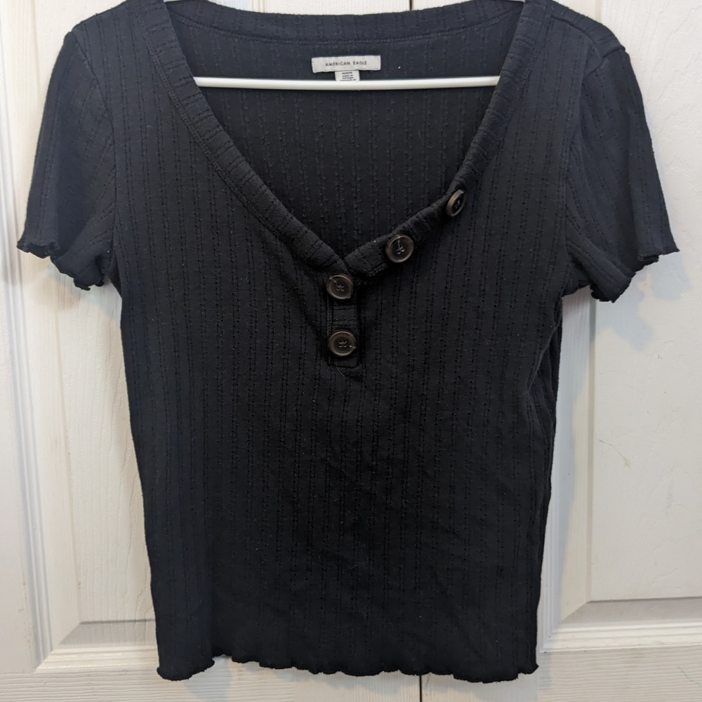 American Eagle Outfitters Black Ribbed Short Sleeve T-Shirt